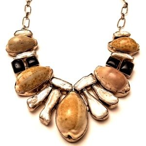 Sterling Silver Cowrie Shell Onyx & Pearl Necklace
